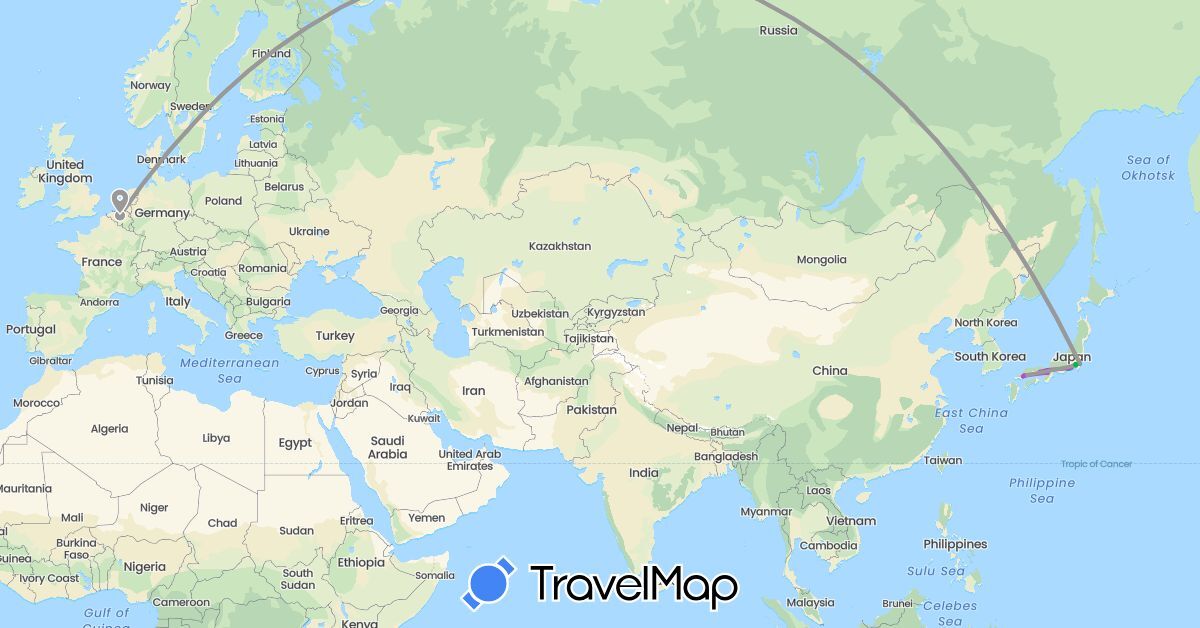 TravelMap itinerary: driving, bus, plane, train in Belgium, Japan (Asia, Europe)